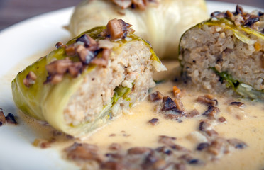 Stuffed cabbage with mushroom sauce, Golabki popular Polish dish