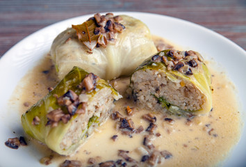 Stuffed cabbage with mushroom sauce, Golabki popular Polish dish