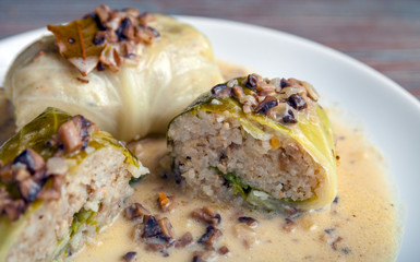 Stuffed cabbage with mushroom sauce, Golabki popular Polish dish