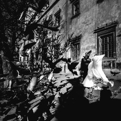Bride hides behind a dress from the flying pigeons