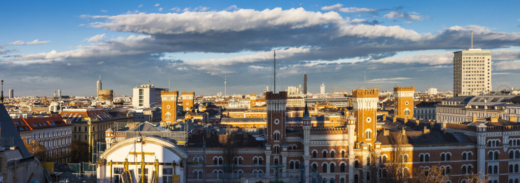 Vienna Skyline with many landmarks like the Towers Millennium, Danube, DC, Ring tower and the Riesenrad