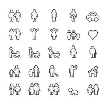 Set of Quality Isolated Universal Standard Minimal Simple Black Thin Line Family Icons on White Background. 