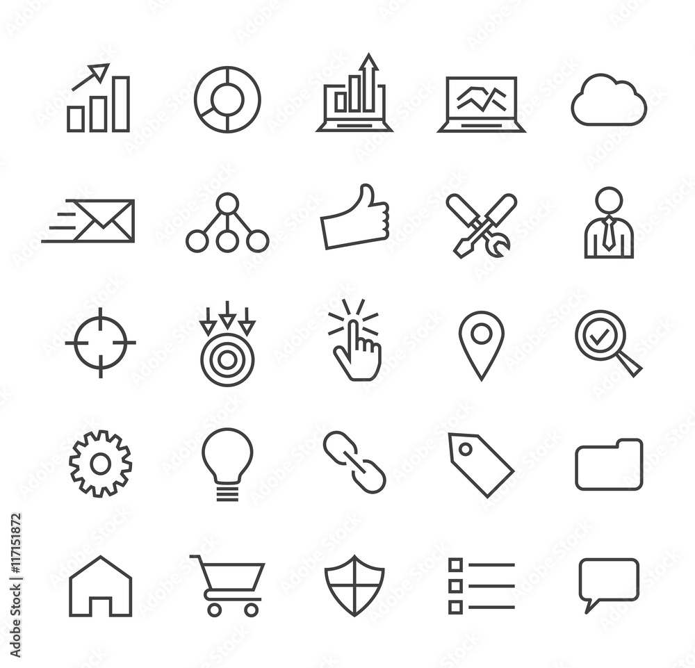 Poster set of quality isolated universal standard minimal simple seo and development black thin line icons 
