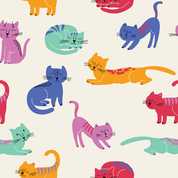 Cute seamless pattern with colorful cats