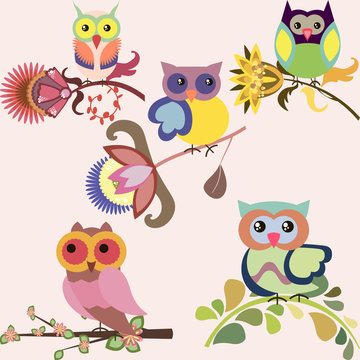 Set of cute multicolored owls sitting on flowers