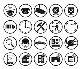 Vector set of video surveillance and security systems icons. Illustration of black and white protection pictograms.