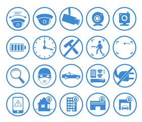 Vector set of video surveillance and security systems icons. Illustration of blue round protection pictograms on white background.