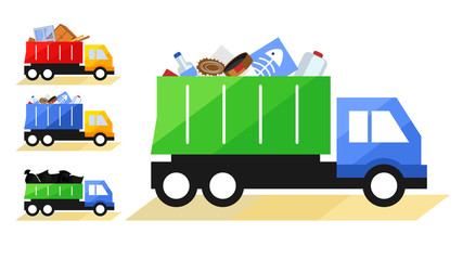 Vector illustration of Garbage Truck. Isolated lorry with various kinds of trash on white background.