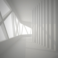 3d illustration. White interior of not existing building. The walls of vertical and inclined elements with shadows. Perspective view, render.