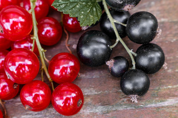 organic garden berries on old wood table, from above. black, Red currant,