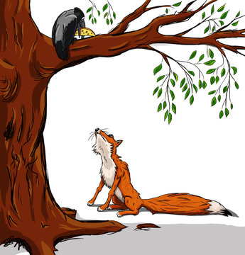Illustration of crow with the cheese and the fox. Cartoon from a fable on white background