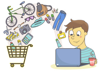 Online shopping for clothes, fashion accessories and things for leisure and hobby. Man shopping with laptop.