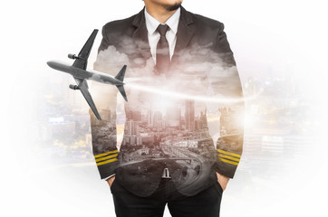 Double exposure pilot wearing suit - obrazy, fototapety, plakaty