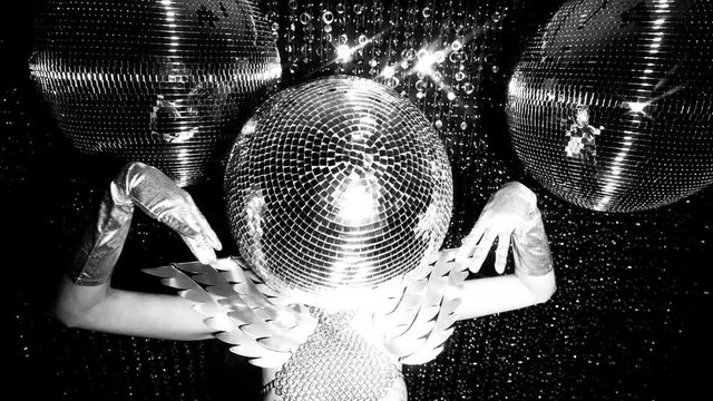 disco woman with mirror ball for head