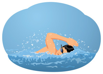 Man in goggles swimming crawl in the pool. Water sport and healthy lifestyle.