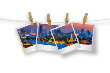 Clothespin hanging with Photo landscape views of Bangkok,isolate