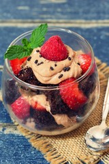 Chocolate strawberry parfait, selective focus