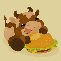 Cute Cartoon Brown Cow Eating Hamburger