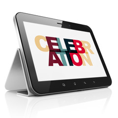 Holiday concept: Tablet Computer with Celebration on  display