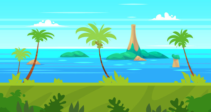 Cartoon nature seamless landscape with sea and palm