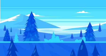 Cartoon nature seamless landscape with trees and river