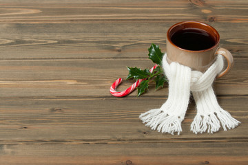Mug Of Hot Tea Or Coffee With Scarf. Christmas Decorations. Spac