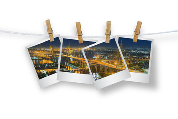 Clothespin hanging with Photo Bhumibol bridge of Bangkok,isolate