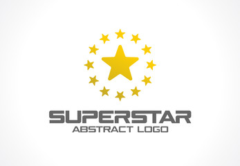 Abstract logo for business company. Corporate identity design element. Social Media, award, talent logotype idea. Gold superstar whith star group around, yellow polygon concept. Colorful Vector icon