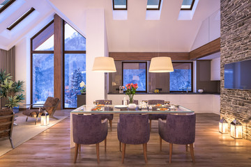 3D rendering of evening living room of chalet