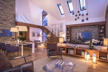 3D rendering of evening living room of chalet