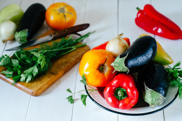 Eggplant, peppers, tomatoes, onions and green on a white background