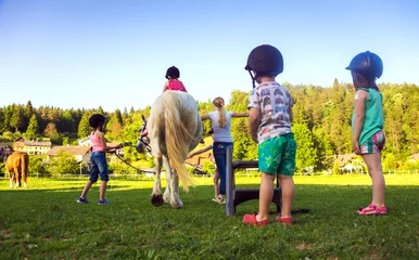 Fototapeten Children riding  horse, horse riding school © Daniel Vincek