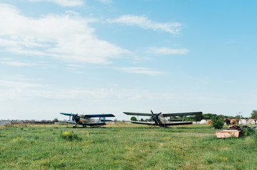Airplanes standing on green grass. Ukraine, 2016