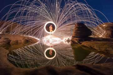 Local man spins a fire for photography