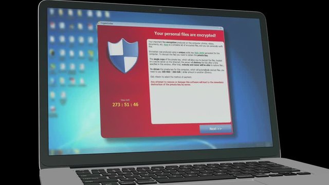 Cryptolocker-laptop in a black background-front view