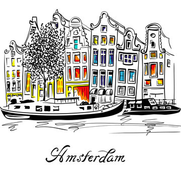 City view of Amsterdam canal, typical dutch houses and boats, Holland, Netherlands.