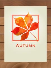 Autumn watercolor chestnut leaf in a square frame. Background with hand drawn autumn leaves. Sketch, design elements. Vector illustration.