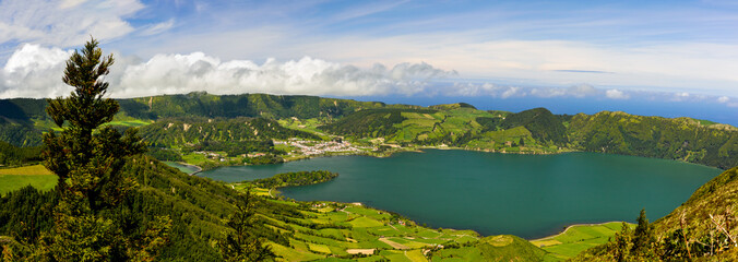 Scenic panorama of Sete Citades volcanic crater lake in Azores