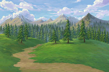 Naklejka premium Pine forest mountain painted illustration background