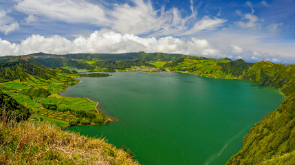 Scenic panorama of Sete Citades volcanic crater lake in Azores