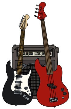Electric guitars and the combo / Hand drawing, vector illustration
