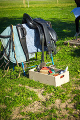 Horse jockey equipment on grass