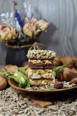 Cakes muesli with fruit and grains - dietary, tasty and healthy
