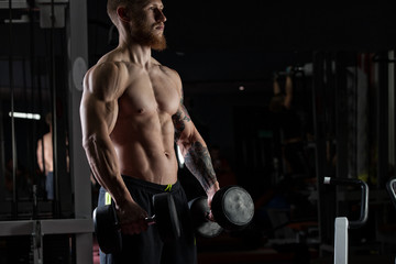 Fototapeta na wymiar Handsome man with big muscles, posing at the camera in the gym