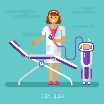 Vector flat design illustration of smiling Cosmetologist with beauty equipment and couch. Beautician invites in his office to make beautiful everyone! Beauty, medicine concept.