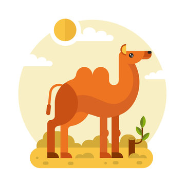 Flat design vector geometric illustration of cute Bactrian or two-humped camel and stump with a branch in the hot Desert. Including sun, sand, clouds, leaves. Animal in the wild nature concept.