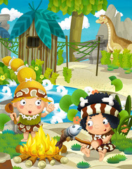 The cavemen - stone age family - happy illustration for children