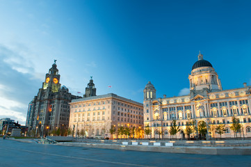 Liverpool city centre - Three Graces, buildings on Liverpool's waterfront at night, UK