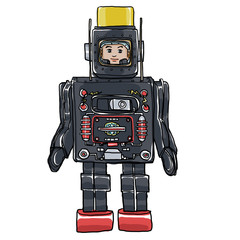 Vintage Tin & Plastic  Toy Robot hand drawn cute art illustratio
