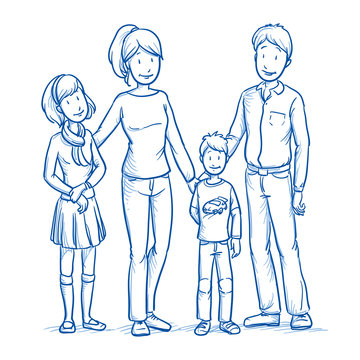 Happy young family in casual clothes with two children. Hand drawn line art cartoon vector illustration.